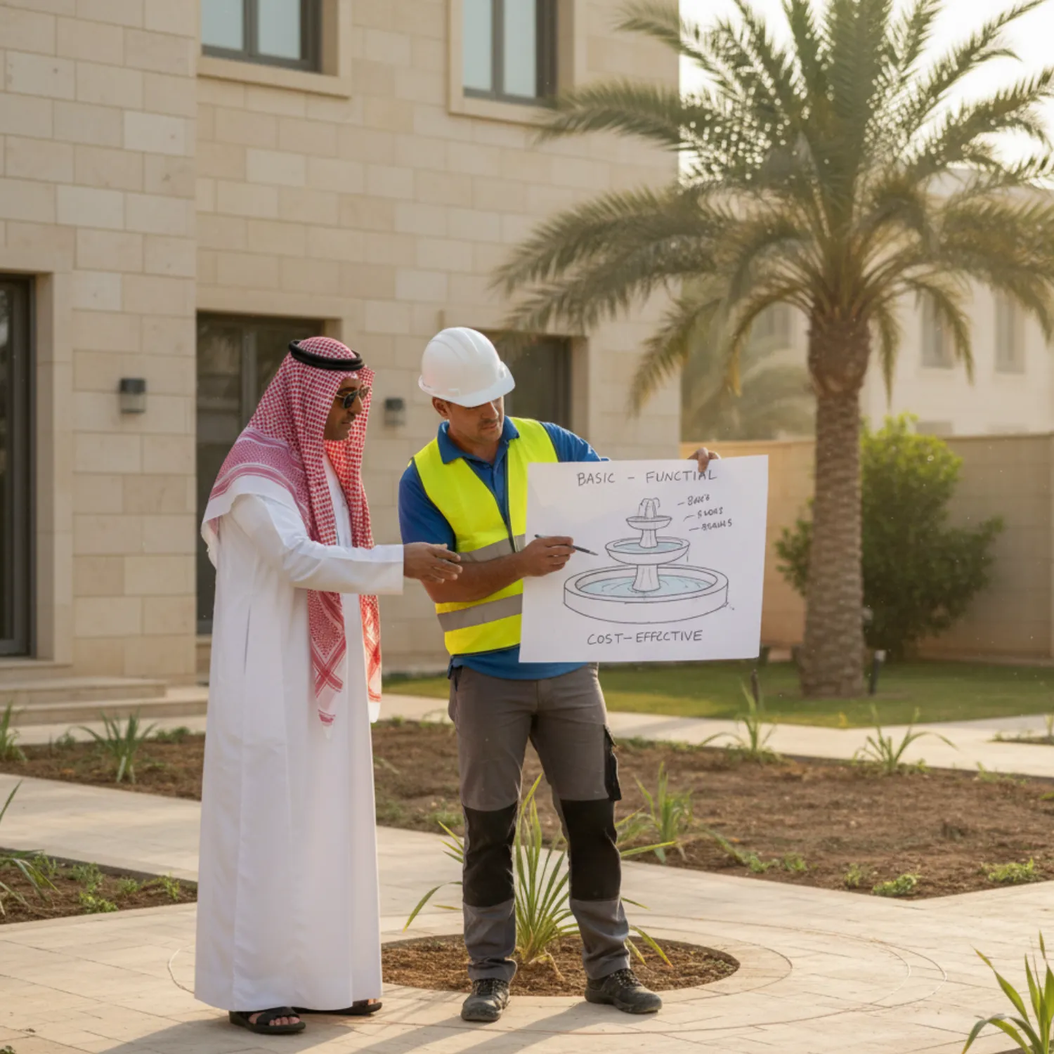 فريق عمل يخطط لمشروع نافورة