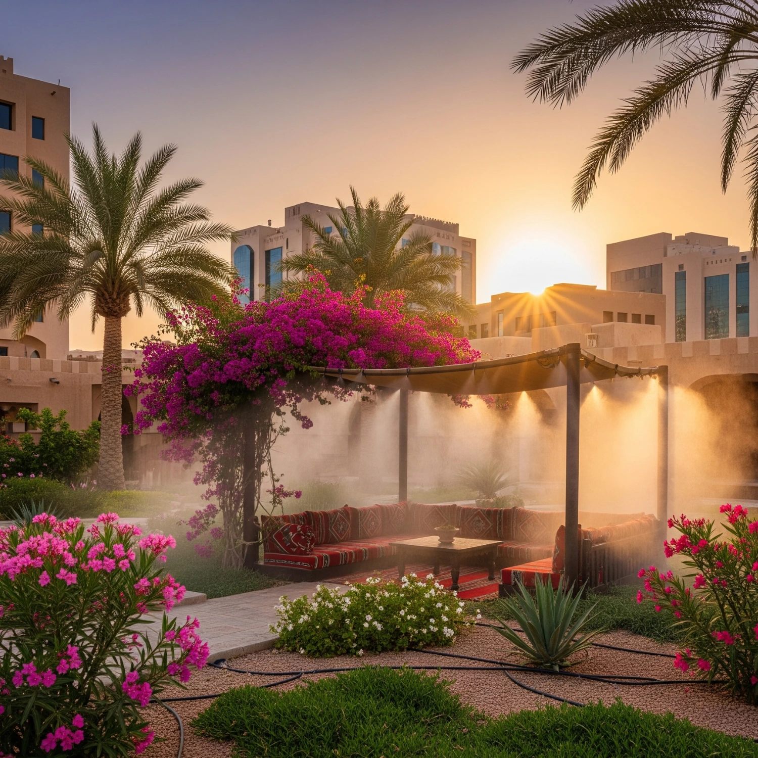 صورة توضيحية لنظام رذاذ يعمل في حديقة