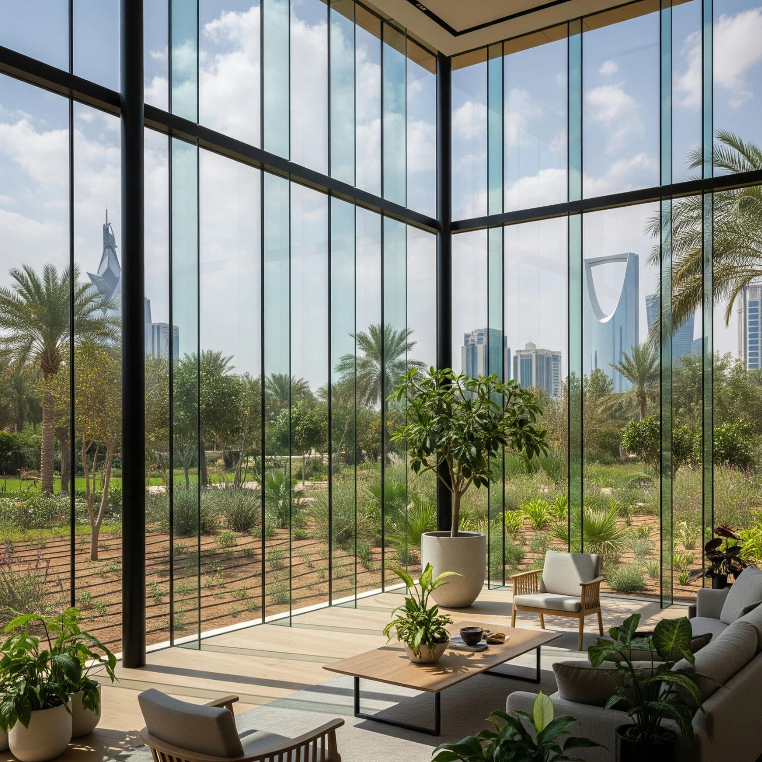 غرفة زجاجية واسعة مع إطلالة على الحديقة