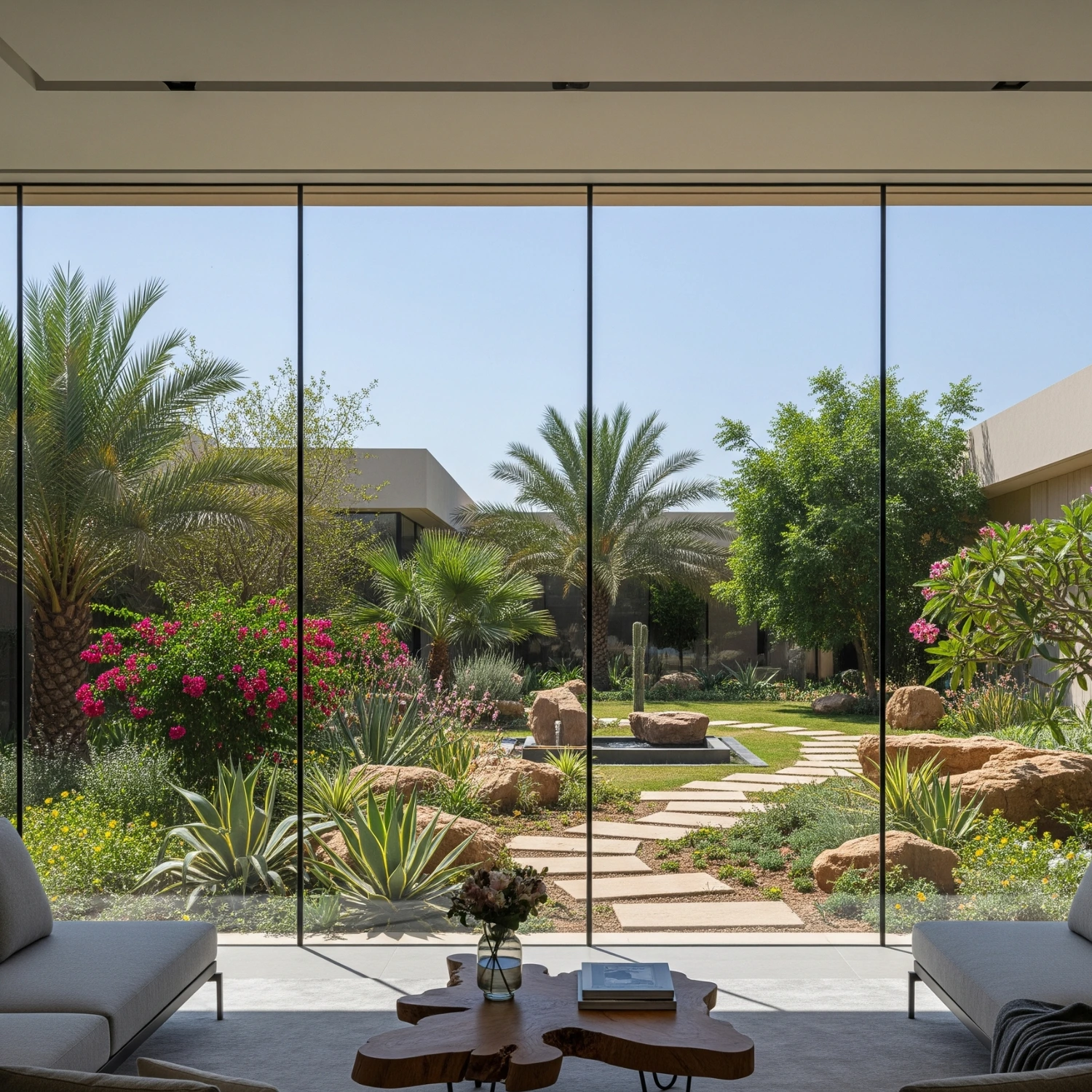غرفة زجاجية حديثة تطل على حديقة
