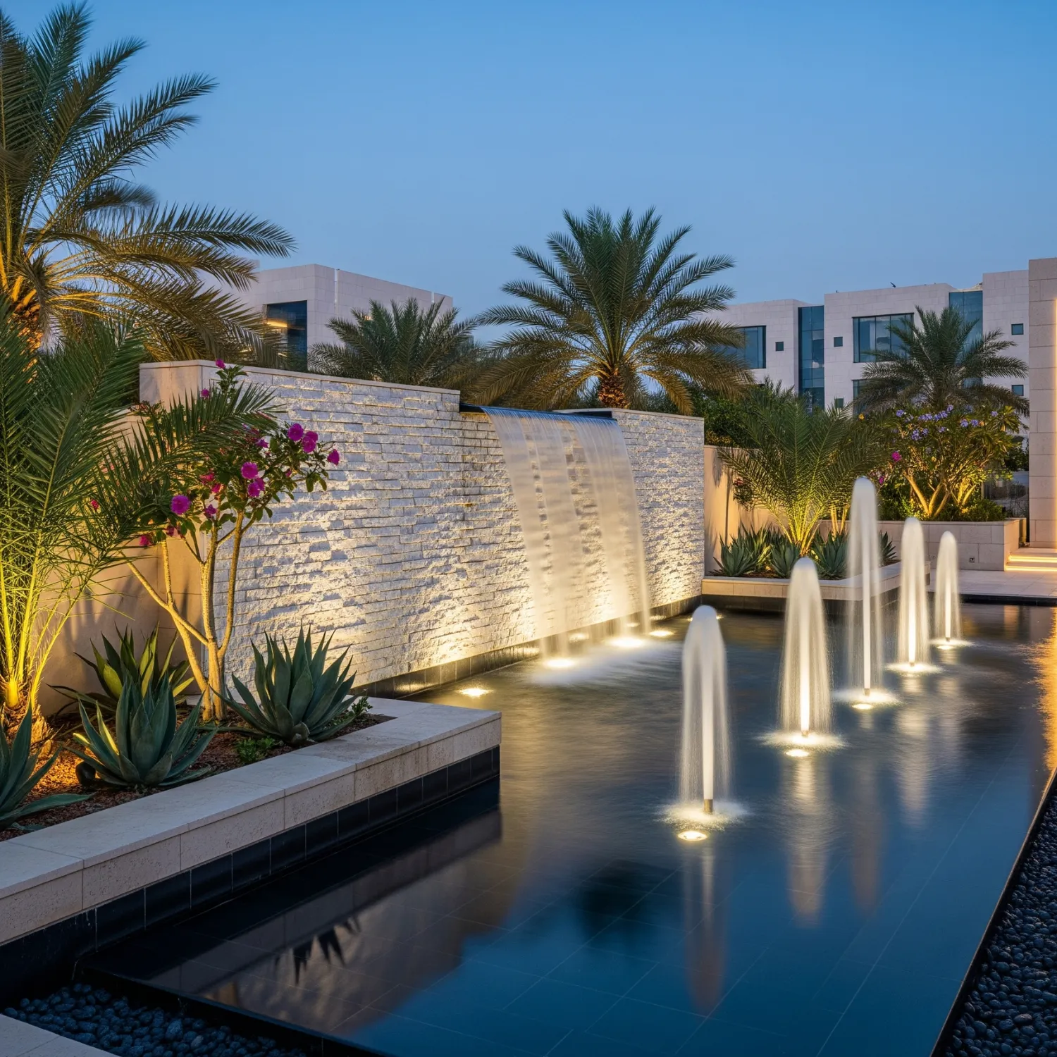 تصميم شلال أو نافورة حديثة في حديقة